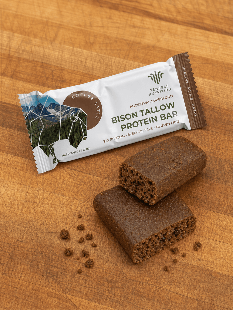 Genesee Coffee Latte bison tallow protein bar snapped in half beside its wrapper, showing the bar's texture